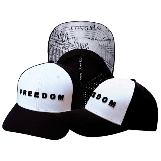 **PREORDER ONLY SHIPS IN MAY**  FREEDOM Hat - Black / White - Baseball Hat Fit - Laser Mesh